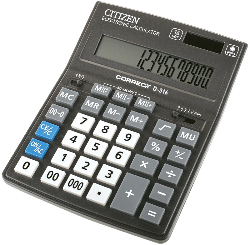 Citizen Настольный калькулятор D-316D-316 Citizen Настольный калькулятор D-316D-316Бухгалтерский настольный калькулятор, 16-ти разрядный, расчет наценки, квадратный корень, вычисление процентов, двойная память, двойное питание.