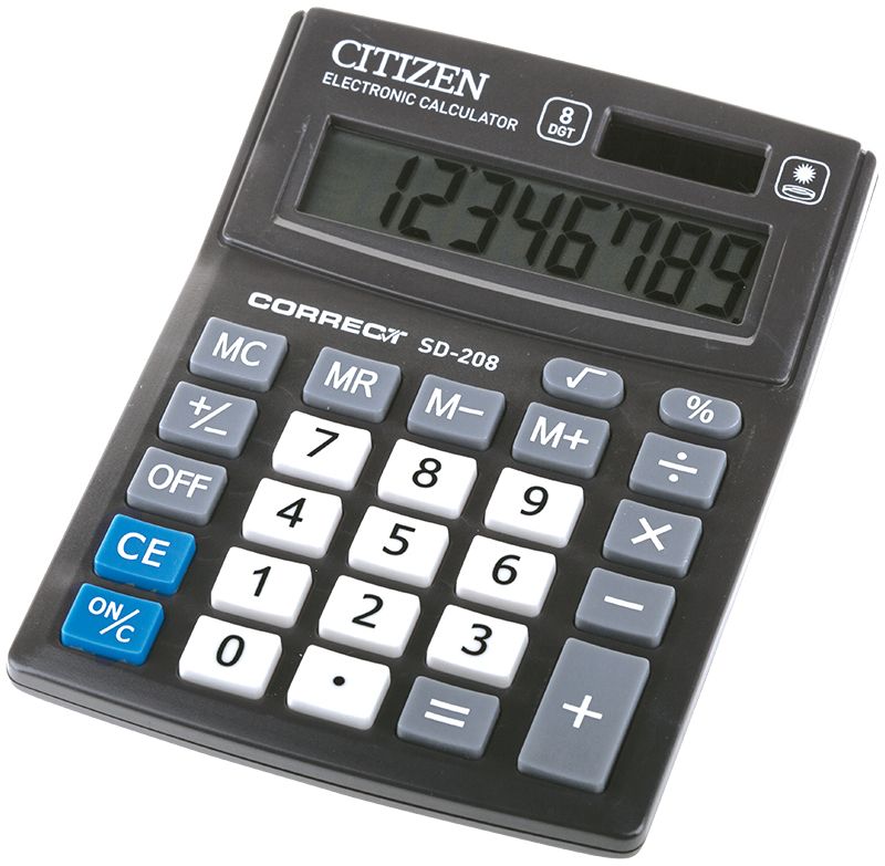 Citizen Настольный калькулятор цвет черный SD-208SD-208 Citizen Настольный калькулятор цвет черный SD-208SD-208Малый настольный калькулятор, 8-ми разрядный, квадратный корень, расчет процентов, ячейка памяти, смена знака, двойное питание.