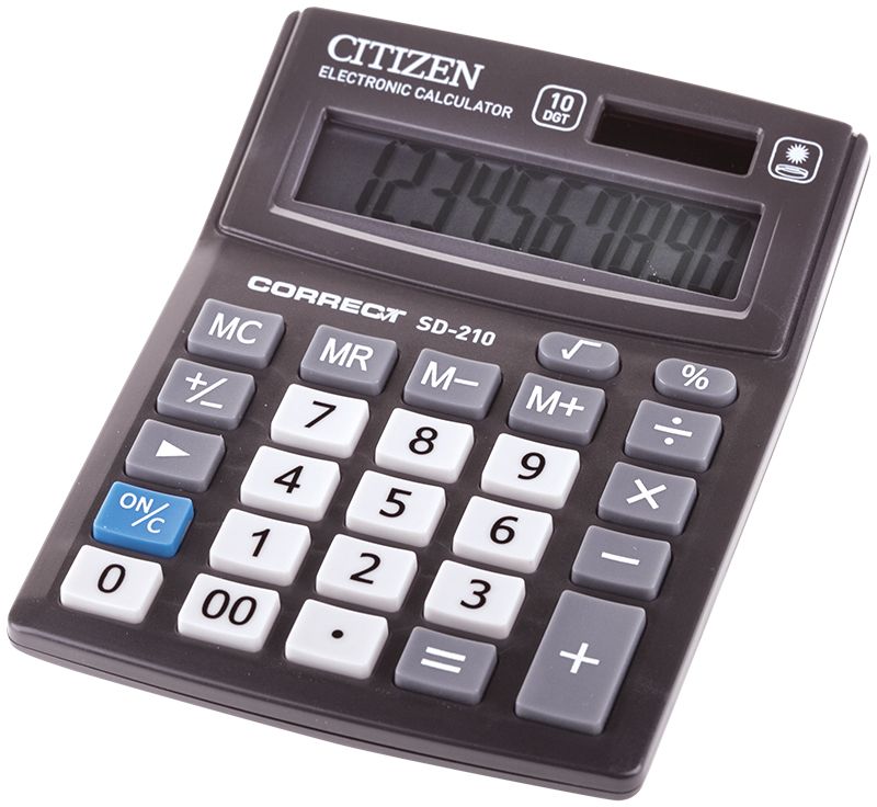 Citizen Настольный калькулятор цвет черный SD-210SD-210 Citizen Настольный калькулятор цвет черный SD-210SD-210Малый настольный калькулятор, 10-ти разрядный, квадратный корень, расчет процентов, ячейка памяти, смена знака, двойное питание.