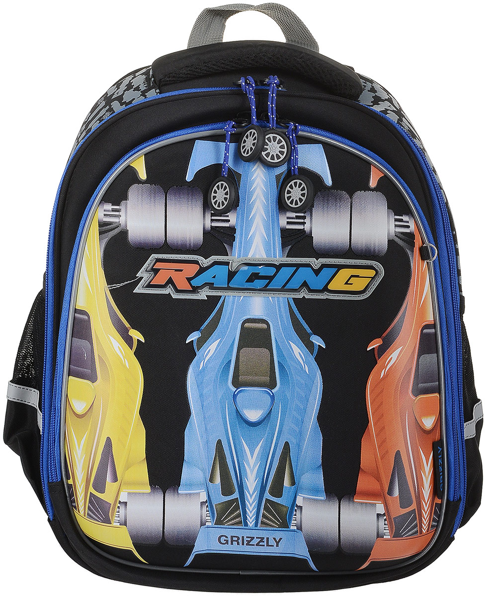 Grizzly Ранец школьный цвет черный синий RA-778-3RA-778-3/1 Grizzly Ранец школьный цвет черный синий RA-778-3RA-778-3/1Ранец Grizzly выполнен из прочного материала.Содержит два вместительных отделения (внутренний карман-пенал для карандашей, разделительная перегородка-органайзер). Оба отделения закрываются на застежки-молнии с двумя бегунками. По бокам ранец оснащен двумя открытыми карманами.Жесткая анатомическая спинка способствует равномерному распределению нагрузки, а воздухообменная сетка обеспечивает максимальный комфорт при эксплуатации.Укрепленные лямки позволяют легко и быстро отрегулировать изделие в соответствии с ростом.Ранец оснащен ручкой для удобной переноски в руке. Светоотражающие элементы придают дополнительную безопасность в темное время суток.