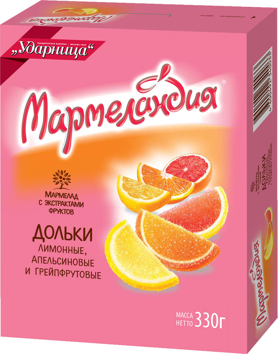 Мармеландия апельсиновые, лимонные и гейпфрутовые дольки, 330 г1010308105 Мармеландия апельсиновые, лимонные и гейпфрутовые дольки, 330 г1010308105Мармеладные дольки - знакомое с детства лакомство. Дольки «Мармеландия» от кондитерской фабрики «Ударница»изготавливаются по новой, усовершенствованной рецептуре с добавлением экстрактов фруктов, фруктового сока и натуральных красителей.