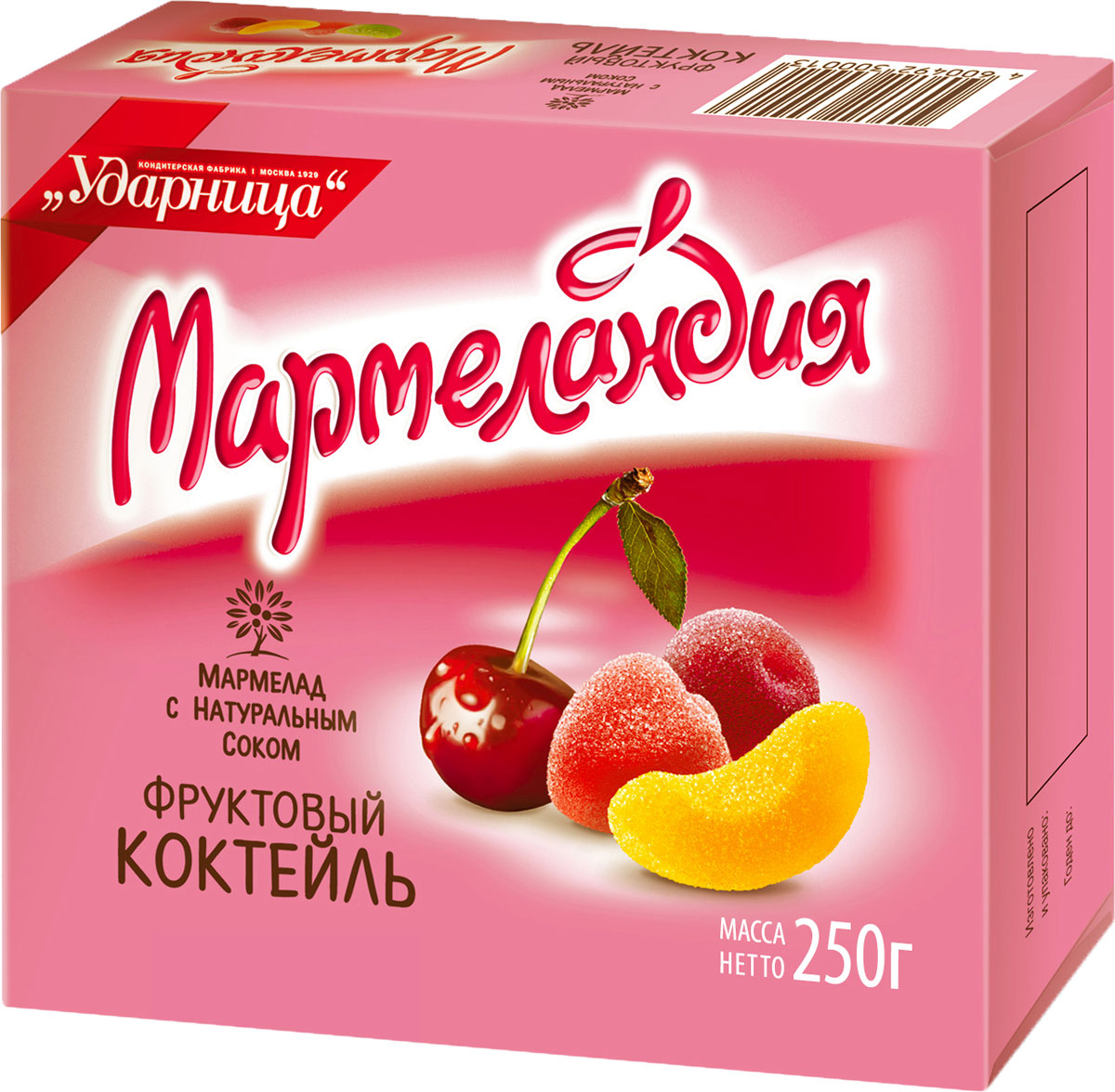 Мармеландия мармелад фруктовый коктейль, 250 г1010299101 Мармеландия мармелад фруктовый коктейль, 250 г1010299101«Фруктовый коктейль» - это мармелад, повторяющий форму ягод и долек фруктов, с натуральным свежим вкусом клубники, лимон-лайма, абрикоса и вишни. Фруктовый коктейль - это инновационный мармелад, содержащий соки и экстракты ягод и тропических фруктов, натуральные красители, и обладающий особо нежной сахарной обсыпкой.