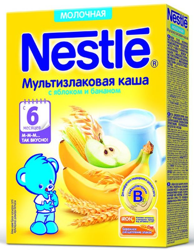 Nestle 5 злаков яблоко банан груша каша молочная, 220 г12325775 Nestle 5 злаков яблоко банан груша каша молочная, 220 г12325775Каша молочная Nestle Шагайка 5 злаков с кусочками яблока, банана и грушей с 12 месяцев 200 г. Каша приготовлена с использованием особой технологии бережного расщепления злаков СНЕ. Благодаря этому в продукте появляется естественный сладкий вкус, каша лучше усваивается и имеет повышенную пищевую ценность. Каша является полезным сбалансированным прикормом для здоровых детей. Обогащена пробиотиками - живыми бифидобактериями BL. Они способствуют нормализации пищеварения, росту здоровой микрофлоры и укреплению иммунитета, что очень важно в период введения прикорма. Каша содержит комплекс витаминов и минеральных веществ iRON+ для здорового роста и развития. 5 злаков обеспечивают организм ребенка клетчаткой и пищевыми волокнами, а добавление фруктовых кусочков (яблоко, банан, груша) способствует развитию как вкусовых восприятий малыша так и жевательных навыков, что очень важно в период постепенного перехода к взрослому меню.