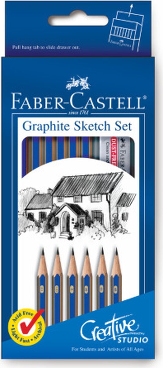 Faber-Castell Набор карандашей чернографитных Goldfaber 1221 6 шт114000 Faber-Castell Набор карандашей чернографитных Goldfaber 1221 6 шт114000Чернографитовый карандашGoldfaber 1221, • шестигранный карандаш очень хорошегокачества• 12 степеней твердости грифеля• привлекательный дизайн – синие и золотыеполоски, качественная мягкая древесина для хорошегозатачивания• специальная SV технология вклеиванияпредотвращает поломку грифеля при падении• покрыты лаком на водной основе, в карт. коробке, 6 шт.(2Н,НВ,В,2В,4В,6В), точилка+ ластик Dust Free