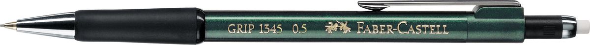Faber-Castell Карандаш механический Grip 1345 0,5 мм цвет зеленый134563 Faber-Castell Карандаш механический Grip 1345 0,5 мм цвет зеленый134563Механический карандаш Grip 1345,• антискользящая резиновая область захвата• убирающийся внутрь кончик• упругий клип и металлический наконечник• экстрадлинный выдвижной ластик• привлекательные цвета металлик• толщина грифеля: 0,5 мм (1345)
