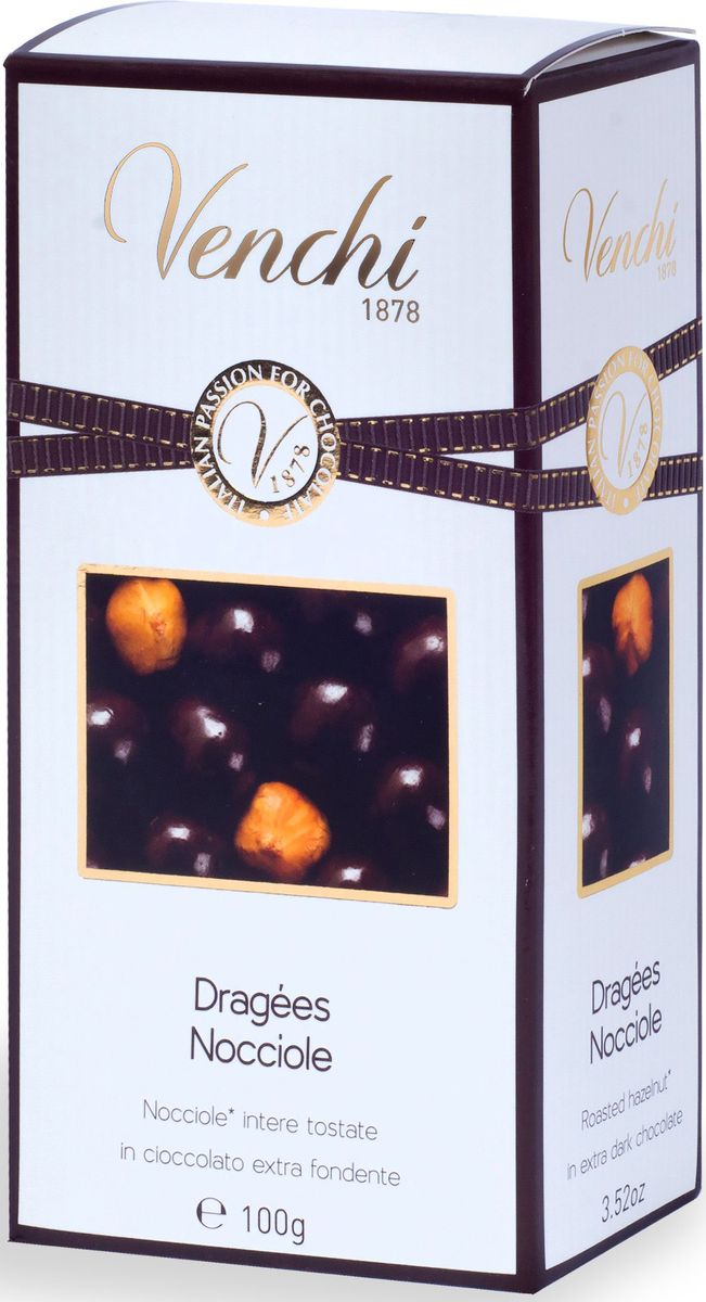 Venchi Dragees Nocciole шоколадные драже, 100 г124334 Venchi Dragees Nocciole шоколадные драже, 100 г124334Venchi - премиальный итальянский бренд, ведущий свою историю с 1878 года. Venchi является одним из самых популярных шоколадных брендов как в самой Италии, так и во всем мире. Шоколадные драже Venchi Dragees Nocciole - Пьемонтский орех фундук IGP в темном шоколаде с содержанием какао 56% в подарочной коробочке с прозрачным окошком от итальянского производителя Venchi (Пьемонт, Италия).