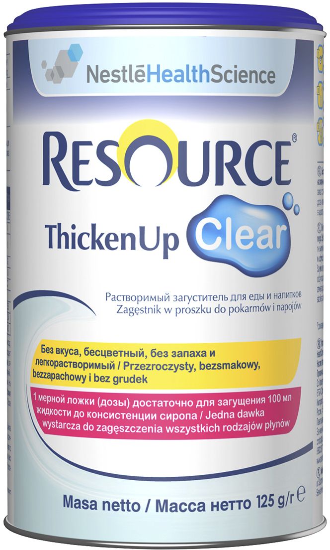 Resource ThickenUp Clear Загуститель еды и напитков детей старше 3-х лет и взрослых с затруднением глотания (дисфагией), 125 г12238688 Resource ThickenUp Clear Загуститель еды и напитков детей старше 3-х лет и взрослых с затруднением глотания (дисфагией), 125 г12238688Resource Thicken Up Clear (Ресурс Тикен Ап Клиа) – растворимый загуститель еды и напитков. Применяется для облегчения питания людей с нарушением функции глотания (дисфагии). Не меняет вкуса, цвета и запаха пищи. Обеспечивает быстрое и эффективное загущение с получением однородной консистенции без комочков. Может употребляться с горячими и холодными супами и напитками.Степень густоты от сиропа до желе регулируется количеством добавленного загустителя. Перед применением проконсультируйтесь со специалистом. Для взрослых и детей старше 3 лет.