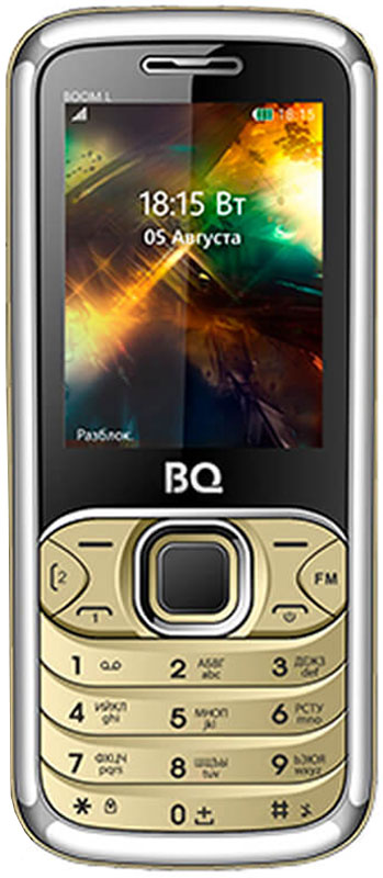 BQ 2427 Boom L, Gold85953742 BQ 2427 Boom L, Gold85953742BQ 2427 Boom L простой сотовый телефон в стильном корпусе. Он оснащен 2.4 дюймовым дисплеем с достаточной для комфортного просмотра -цветопередачей. Помимо основной функции связи, в телефоне предусмотрен встроенный модуль Bluetooth.Данная модель также обладает громким внешним динамиком и слотом для карты памяти объемом до 8 Гб. Также оснащен встроенной фотокамерой 1,3 Мпикс.Телефон сертифицирован EAC и имеет русифицированную клавиатуру, меню и Руководство пользователя.