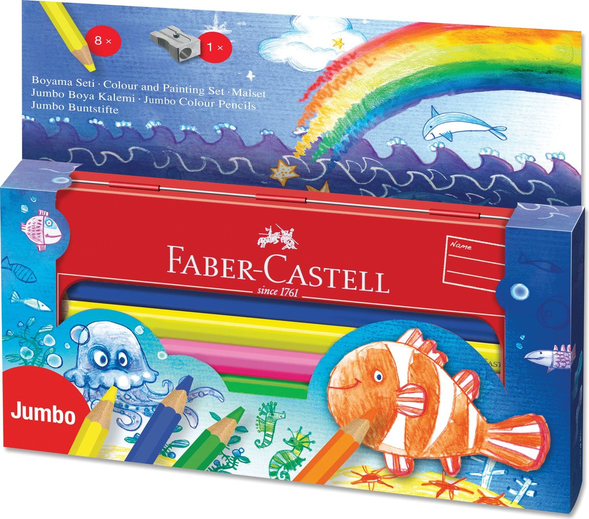 Faber-Castell Набор цветных карандашей Jumbo 10 шт951080 Faber-Castell Набор цветных карандашей Jumbo 10 шт951080Цветные карандаши J umbo Grip(утолщенные).карандаши утолщенного типа• эргономичная трехгранная форма• запатентованная GRIP антискользящая зоназахвата с малыми массажными шашечками• толщина грифеля 3,8 мм•в мет. коробке, 8 цветных + 1 чернограф+ 1 точилка + 12 раскрасок• размываемый водой грифель• отстирываются с большинства обычных тканей• специальная технология вклеивания (SV)предотвращает поломку грифеля• покрыты лаком на водной основе – бережнымпо отношению к окружающей средеи здоровью детей• качественное, мягкое дерево (калифорнийскийкедр) – гарантия легкого затачивания припомощи стандартных точилок.