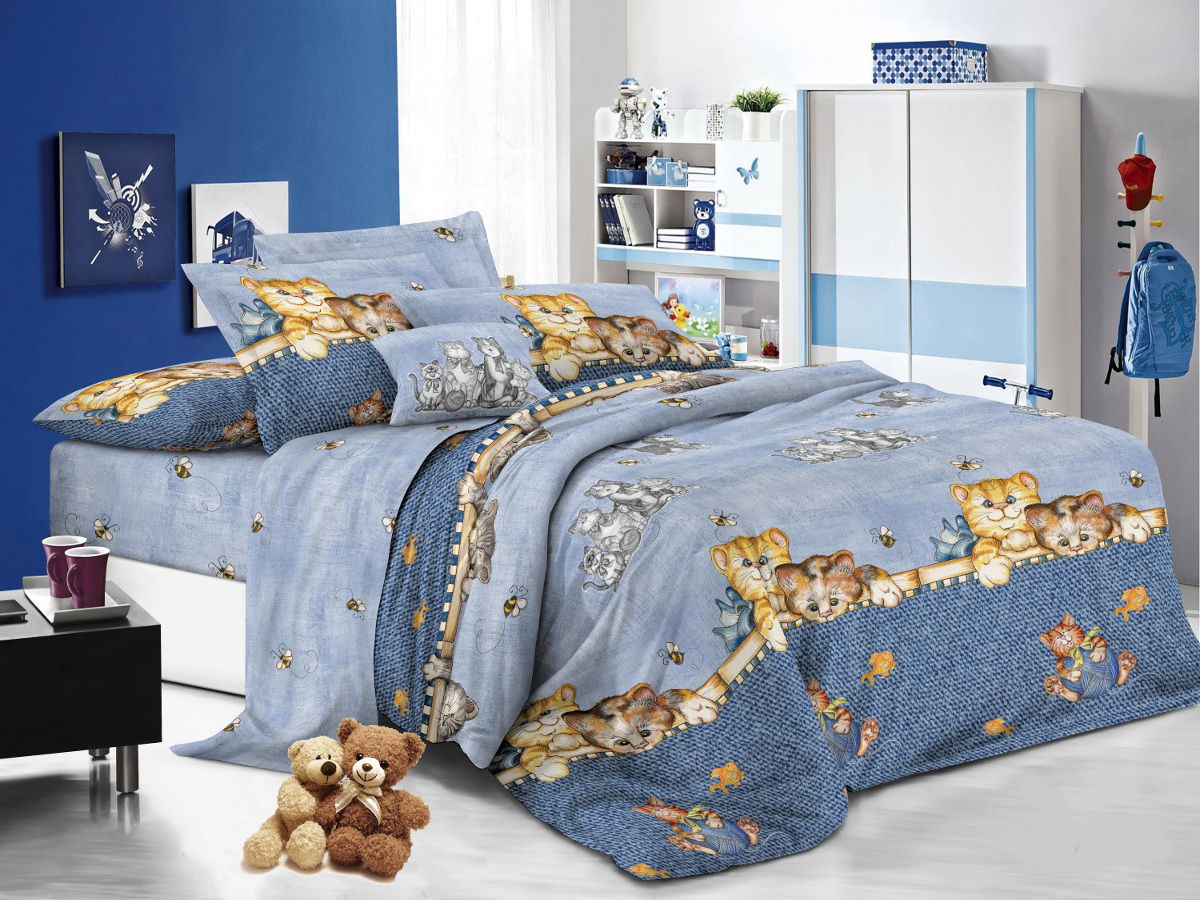 Cleo Комплект детского постельного белья Котята 1,5 спальный цвет синий