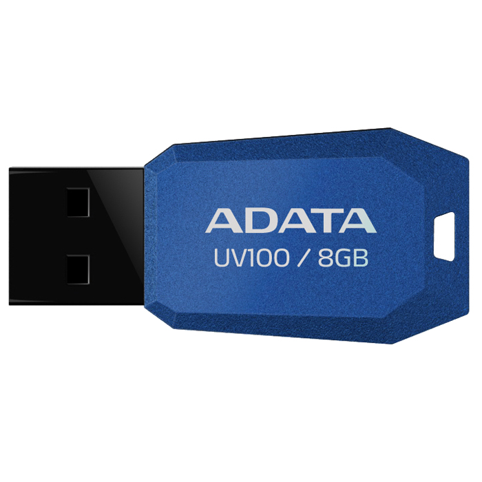ADATA UV100 8GB, Blue USB флеш-накопитель23146 ADATA UV100 8GB, Blue USB флеш-накопитель23146Тонкий флеш-накопитель ADATA UV100 расширяет предлагаемый широкий ассортимент портативных устройств хранения данных.Накопитель имеет бесколпачковую конструкцию, исключающую риск потери колпачка. Отверстие в корпусе позволяет легко носить накопитель на шнурке или брелоке для ключей. Для тех, кто разбирается в моде, накопитель выгодно отличается внешним видом, напоминающим огранку бриллианта, что позволяет владельцам подчеркнуть свой уникальный личный стиль.Обладая длиной всего 41 мм и толщиной лишь 5,8 мм, этот накопитель является в высшей степени компактным и экономичным решением для тех, кто считает переносимость данных насущной необходимостью.