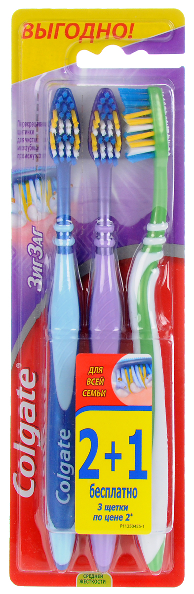 Colgate Зубная щетка Зиг-Заг, средней жесткости, 2+1, цвет: фиолетовый, салатовый, синийFVN59964_фиолетовый, салатовый, синий Colgate Зубная щетка Зиг-Заг, средней жесткости, 2+1, цвет: фиолетовый, салатовый, синийFVN59964_фиолетовый, салатовый, синийПерекрещивающиеся щетинки зубной щетки Colgate Зиг-Заг глубоко и эффективно очищают межзубные промежутки.Удлиненные щетинки на кончике позволяют удалять налет с задних зубов, наиболее подверженных кариесу.Товар сертифицирован.