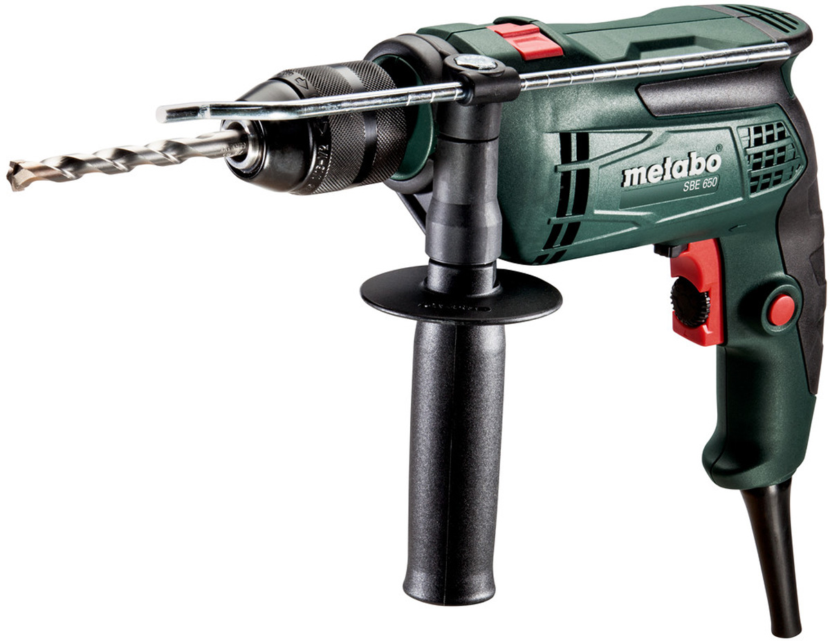 Дрель ударная Metabo SBE 650. 600671850600671850 Дрель ударная Metabo SBE 650. 600671850600671850Электроника Vario (V) - управление числом оборотов в соответствии со свойствами материала, Регулировочное колесо для установки числа оборотов, Реверс, Шпиндель с внутренним шестигранником для насадок-бит, позволяющий работать без сверлильного патрона