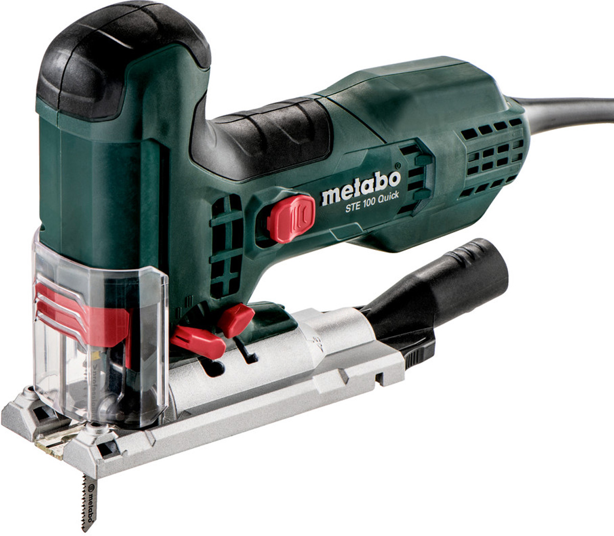 Лобзик электрический Metabo STE 100 Quick. 601100000601100000 Лобзик электрический Metabo STE 100 Quick. 601100000601100000Необычайно тонким электролобзиком удобно выполнять любые работы, Точный распил материалов в соответствии с их свойствами за счет выбора числа ходов, маятникового хода и низкого ведения пильного полотна с пружинной опорой, Metabo Quick для замены пильного полотна без инструментов, с автоматическим выбросом, Подключаемая функция сдувания опилок обеспечивает свободную видимость зоны распила, Полноволновая электроника Vario-Constamatic (VC) для работы с частотой ходов, отвечающей свойствам материала и остающейся практически неизменной при нагрузке, Возможность подключения универсального пылесоса, Направляющая и приспособление ведения поставляются в качестве принадлежностей