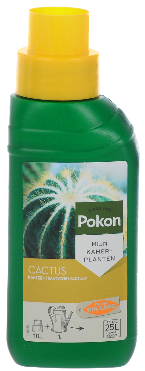 Удобрение Pokon для кактусов, 250 мл8719400007657 Удобрение Pokon для кактусов, 250 мл8719400007657Удобрение Pokon для кактусов.Кактусы и суккуленты - растения, требующие особого ухода. Это удобрение, специально разработанное для подкормки кактусов и суккулентов, обеспечивает их сбалансированный рост и обильное цветение.Инструкция по применению:- Добавьте удобрение в воду для полива (10 мл на 1 л воды).- Поливайте растения раствором удобрения 1 раз в 2 недели.- С ноября по февраль подкормка не нужна.Периодичность и сроки внесения:У кактусов есть период покоя, цветения и роста:Период покоя: с ноября по февраль, 8-15 C, полив и подкормка не проводятся.Период цветения: с марта по июнь, следует остерегаться яркого солнца, подкормка один раз в 2 недели.Период роста: после цветения, 20-30 C, необходимо обеспечить хорошую вентиляцию, много света и солнца, подкормка один раз в 2 недели.Состав: жидкое удобрение с соотношением NPK 4 + 7 + 7.Товар сертифицирован.Уважаемые клиенты! Обращаем ваше внимание на то, что упаковка может иметь несколько видов дизайна. Поставка осуществляется в зависимости от наличия на складе.