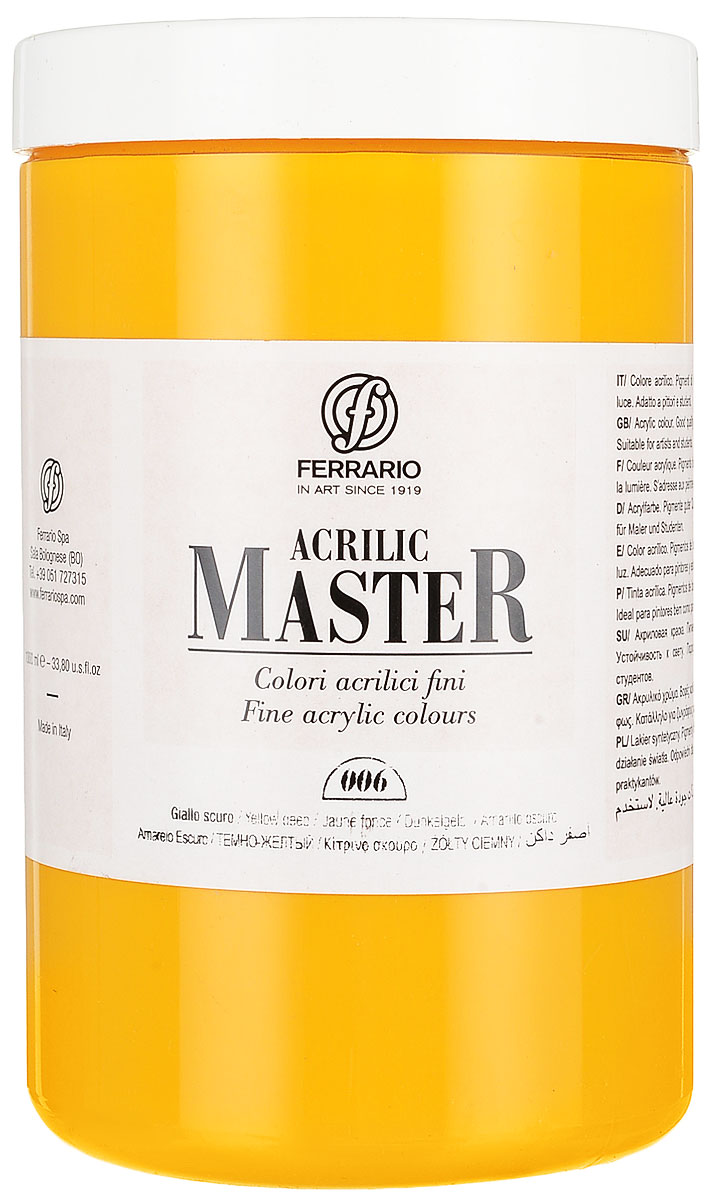 Ferrario Краска акриловая Acrilic Master цвет №06 желтый темный BM0979E006BM0979E006 Ferrario Краска акриловая Acrilic Master цвет №06 желтый темный BM0979E006BM0979E006Акриловые краски серии ACRILIC MASTER итальянской компании Ferrario. Универсальны в применении, так как хорошо ложатся на любую обезжиренную поверхность: бумага, холст, картон, дерево, керамика, пластик. При изготовлении красок используются высококачественные пигменты мелкого помола. Краска быстро сохнет, обладает отличной укрывистостью и насыщенностью цвета. Работы, сделанные с помощью ACRILIC MASTER, не тускнеют и не выгорают на солнце. Все цвета отлично смешиваются между собой и при необходимости разбавляются водой. Для достижения необходимых эффектов применяют различные медиумы для акриловой живописи. В серии представлено 50 цветов.