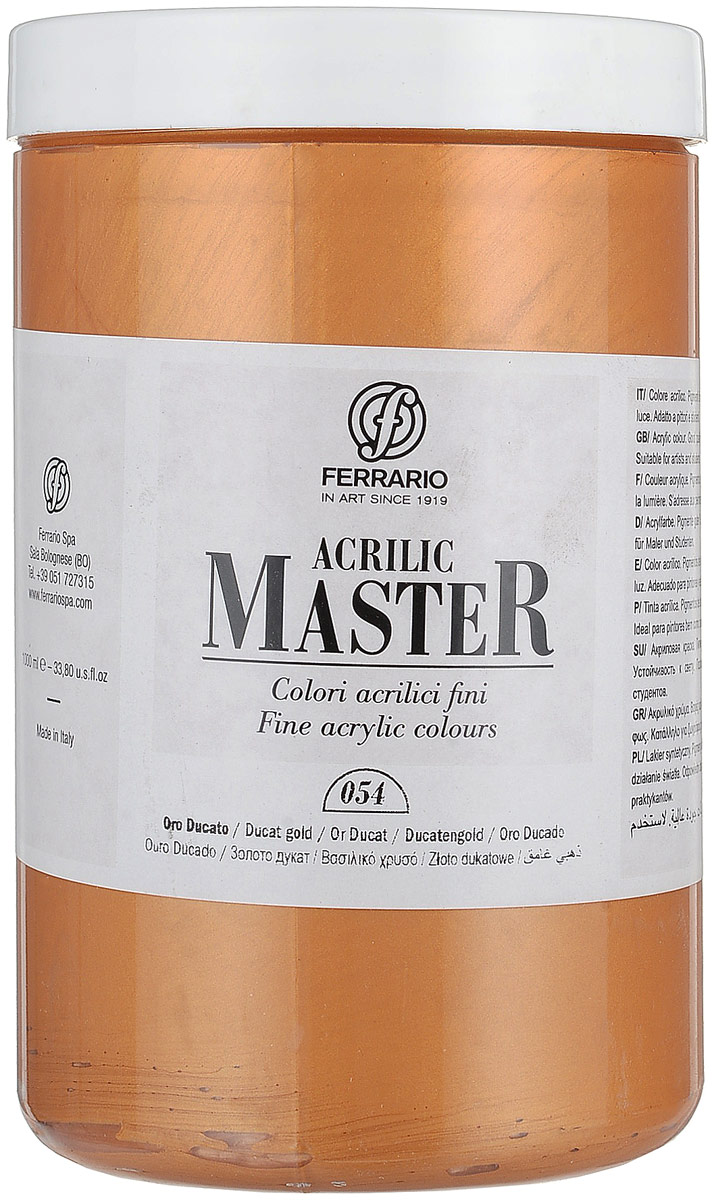 Ferrario Краска акриловая Acrilic Master цвет №54 золото дукат BM0979E054BM0979E054 Ferrario Краска акриловая Acrilic Master цвет №54 золото дукат BM0979E054BM0979E054Акриловые краски серии Acrilic Master итальянской компании Ferrario. Универсальны в применении, так как хорошо ложатся на любую обезжиренную поверхность: бумага, холст, картон, дерево, керамика, пластик. При изготовлении красок используются высококачественные пигменты мелкого помола. Краска быстро сохнет, обладает отличной укрывистостью и насыщенностью цвета. Работы, сделанные с помощью Acrilic Master, не тускнеют и не выгорают на солнце. Все цвета отлично смешиваются между собой и при необходимости разбавляются водой. Для достижения необходимых эффектов применяют различные медиумы для акриловой живописи.