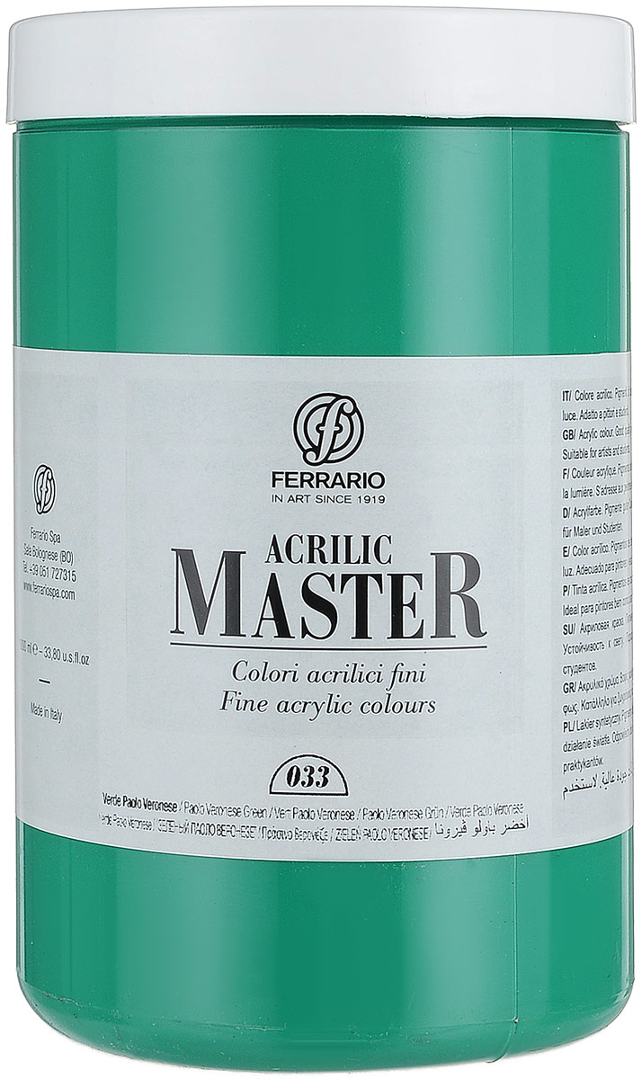 Ferrario Краска акриловая Acrilic Master цвет №33 зеленая Паоло Веронезе BM0979E033BM0979E033 Ferrario Краска акриловая Acrilic Master цвет №33 зеленая Паоло Веронезе BM0979E033BM0979E033Акриловые краски серии Acrilic Master итальянской компании Ferrario. Универсальны в применении, так как хорошо ложатся на любую обезжиренную поверхность: бумага, холст, картон, дерево, керамика, пластик. При изготовлении красок используются высококачественные пигменты мелкого помола. Краска быстро сохнет, обладает отличной укрывистостью и насыщенностью цвета. Работы, сделанные с помощью Acrilic Master, не тускнеют и не выгорают на солнце. Все цвета отлично смешиваются между собой и при необходимости разбавляются водой. Для достижения необходимых эффектов применяют различные медиумы для акриловой живописи.