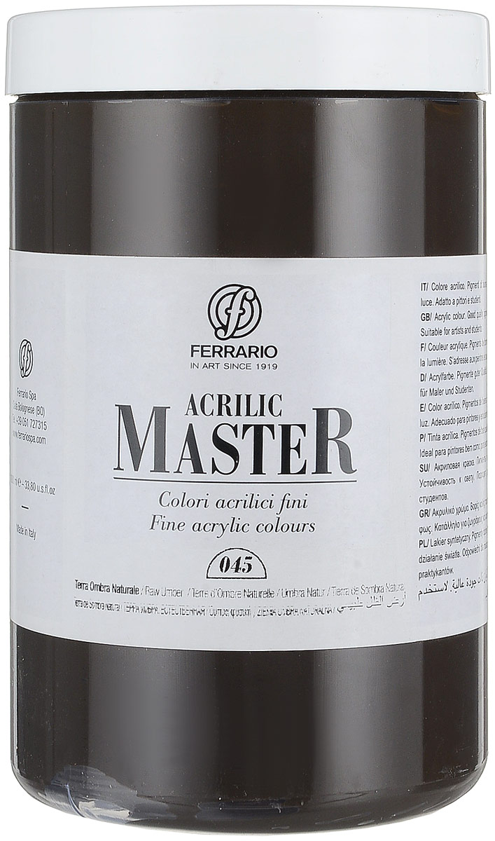 Ferrario Краска акриловая Acrilic Master цвет №45 умбра натуральная BM0979E045BM0979E045 Ferrario Краска акриловая Acrilic Master цвет №45 умбра натуральная BM0979E045BM0979E045Акриловые краски серии Acrilic Master итальянской компании Ferrario. Универсальны в применении, так как хорошо ложатся на любую обезжиренную поверхность: бумага, холст, картон, дерево, керамика, пластик. При изготовлении красок используются высококачественные пигменты мелкого помола. Краска быстро сохнет, обладает отличной укрывистостью и насыщенностью цвета. Работы, сделанные с помощью Acrilic Master, не тускнеют и не выгорают на солнце. Все цвета отлично смешиваются между собой и при необходимости разбавляются водой. Для достижения необходимых эффектов применяют различные медиумы для акриловой живописи.