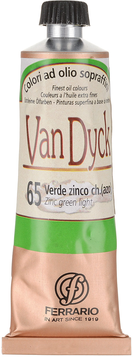 Ferrario Краска масляная Van Dyck цвет №65 цинк зеленый светлыйAV0017CO65 Ferrario Краска масляная Van Dyck цвет №65 цинк зеленый светлыйAV0017CO65Масляные краски серии Van Dyck итальянской компании Ferrario изготавливаются из натуральных мелко тертых пигментов с добавлением качественного связующего материала. Благодаря этому масляные краски Van Dyck обладают превосходной светостойкостью, чистотой цветов и оттенков. Краски можно разбавлять льняным маслом, терпентином или нефтяными разбавителями. Все цвета хорошо смешиваются между собой.В серии масляных красок Van Dyck представлено 87 различных оттенков, а также 6 металлических оттенков.