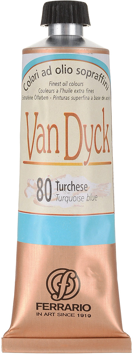 Ferrario Краска масляная Van Dyck цвет №80 бирюзовыйAV0017CO80 Ferrario Краска масляная Van Dyck цвет №80 бирюзовыйAV0017CO80Масляные краски серии Van Dyck итальянской компании Ferrario изготавливаются из натуральных мелко тертых пигментов с добавлением качественного связующего материала. Благодаря этому масляные краски Van Dyck обладают превосходной светостойкостью, чистотой цветов и оттенков. Краски можно разбавлять льняным маслом, терпентином или нефтяными разбавителями. Все цвета хорошо смешиваются между собой.В серии масляных красок Van Dyck представлено 87 различных оттенков, а также 6 металлических оттенков.