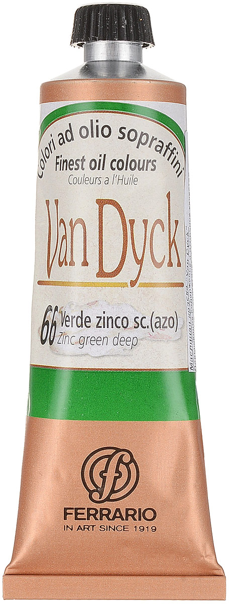 Ferrario Краска масляная Van Dyck цвет №66 цинк зеленый темныйAV0017CO66 Ferrario Краска масляная Van Dyck цвет №66 цинк зеленый темныйAV0017CO66Масляные краски серии Van Dyck итальянской компании Ferrario изготавливаются из натуральных мелко тертых пигментов с добавлением качественного связующего материала. Благодаря этому масляные краски Van Dyck обладают превосходной светостойкостью, чистотой цветов и оттенков. Краски можно разбавлять льняным маслом, терпентином или нефтяными разбавителями. Все цвета хорошо смешиваются между собой.В серии масляных красок Van Dyck представлено 87 различных оттенков, а также 6 металлических оттенков.