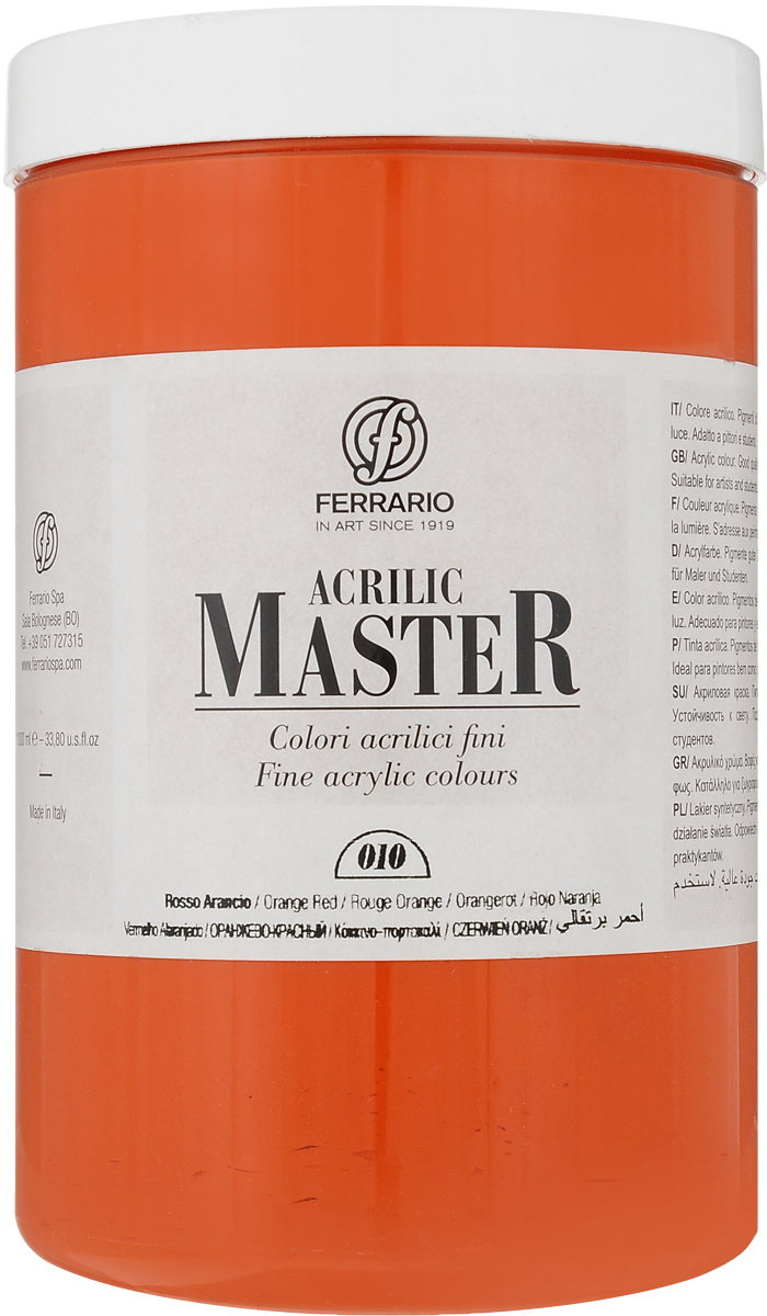 Ferrario Краска акриловая Acrilic Master цвет №10 оранжевый красный BM0979E010BM0979E010 Ferrario Краска акриловая Acrilic Master цвет №10 оранжевый красный BM0979E010BM0979E010Акриловые краски серии ACRILIC MASTER итальянской компании Ferrario. Универсальны в применении, так как хорошо ложатся на любую обезжиренную поверхность: бумага, холст, картон, дерево, керамика, пластик. При изготовлении красок используются высококачественные пигменты мелкого помола. Краска быстро сохнет, обладает отличной укрывистостью и насыщенностью цвета. Работы, сделанные с помощью ACRILIC MASTER, не тускнеют и не выгорают на солнце. Все цвета отлично смешиваются между собой и при необходимости разбавляются водой. Для достижения необходимых эффектов применяют различные медиумы для акриловой живописи. В серии представлено 50 цветов.