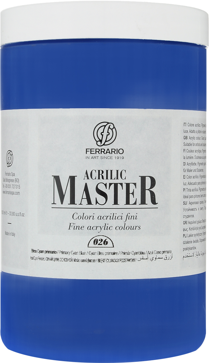 Ferrario Краска акриловая Acrilic Master цвет №26 сине-голубой BM0979E026BM0979E026 Ferrario Краска акриловая Acrilic Master цвет №26 сине-голубой BM0979E026BM0979E026Акриловые краски серии ACRILIC MASTER итальянской компании Ferrario. Универсальны в применении, так как хорошо ложатся на любую обезжиренную поверхность: бумага, холст, картон, дерево, керамика, пластик. При изготовлении красок используются высококачественные пигменты мелкого помола. Краска быстро сохнет, обладает отличной укрывистостью и насыщенностью цвета. Работы, сделанные с помощью ACRILIC MASTER, не тускнеют и не выгорают на солнце. Все цвета отлично смешиваются между собой и при необходимости разбавляются водой. Для достижения необходимых эффектов применяют различные медиумы для акриловой живописи. В серии представлено 50 цветов.
