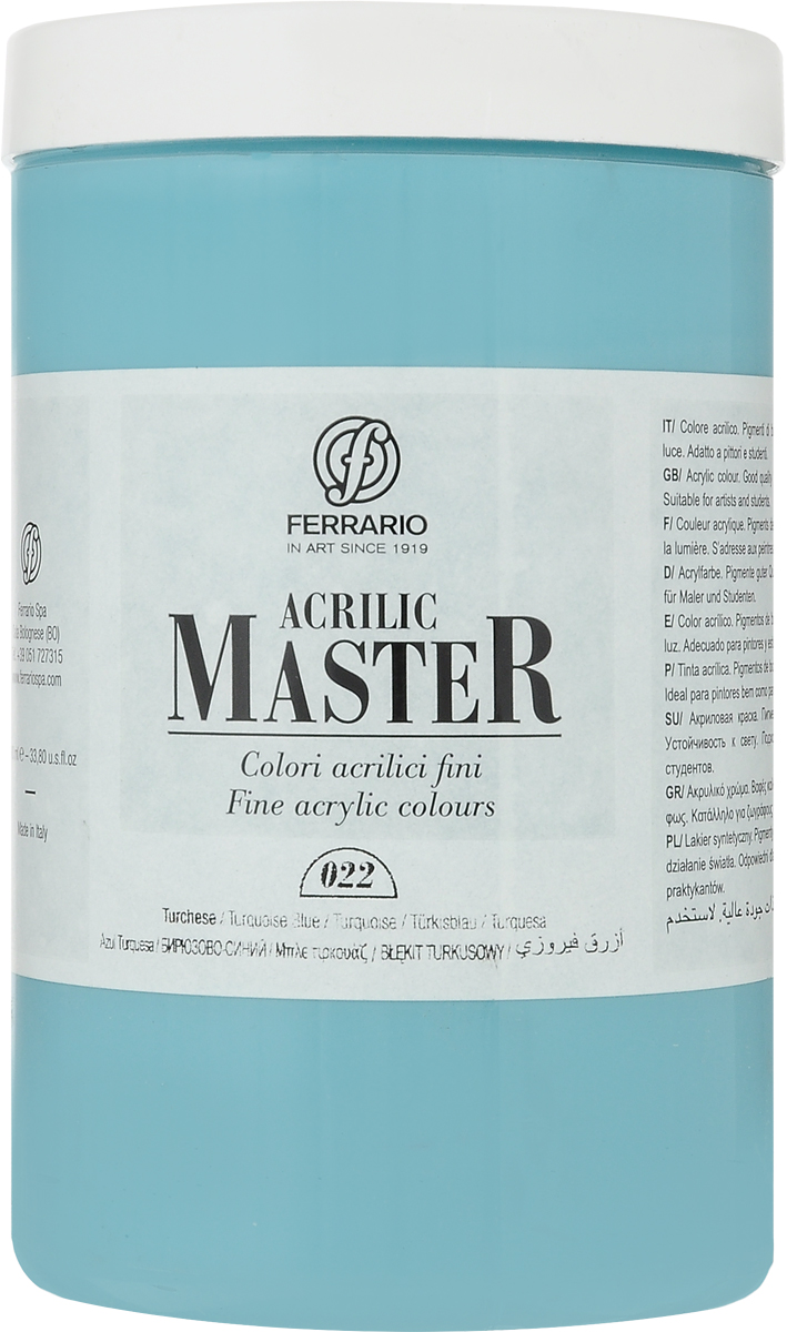 Ferrario Краска акриловая Acrilic Master цвет №22 турецкий синий BM0979E022BM0979E022 Ferrario Краска акриловая Acrilic Master цвет №22 турецкий синий BM0979E022BM0979E022Акриловые краски серии ACRILIC MASTER итальянской компании Ferrario. Универсальны в применении, так как хорошо ложатся на любую обезжиренную поверхность: бумага, холст, картон, дерево, керамика, пластик. При изготовлении красок используются высококачественные пигменты мелкого помола. Краска быстро сохнет, обладает отличной укрывистостью и насыщенностью цвета. Работы, сделанные с помощью ACRILIC MASTER, не тускнеют и не выгорают на солнце. Все цвета отлично смешиваются между собой и при необходимости разбавляются водой. Для достижения необходимых эффектов применяют различные медиумы для акриловой живописи. В серии представлено 50 цветов.