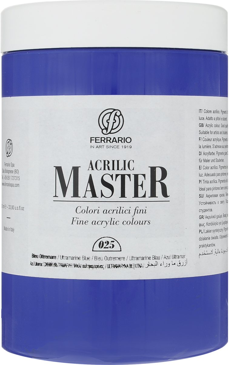 Ferrario Краска акриловая Acrilic Master цвет №25 ультрамарин синий BM0979E025BM0979E025 Ferrario Краска акриловая Acrilic Master цвет №25 ультрамарин синий BM0979E025BM0979E025Акриловые краски серии ACRILIC MASTER итальянской компании Ferrario. Универсальны в применении, так как хорошо ложатся на любую обезжиренную поверхность: бумага, холст, картон, дерево, керамика, пластик. При изготовлении красок используются высококачественные пигменты мелкого помола. Краска быстро сохнет, обладает отличной укрывистостью и насыщенностью цвета. Работы, сделанные с помощью ACRILIC MASTER, не тускнеют и не выгорают на солнце. Все цвета отлично смешиваются между собой и при необходимости разбавляются водой. Для достижения необходимых эффектов применяют различные медиумы для акриловой живописи. В серии представлено 50 цветов.
