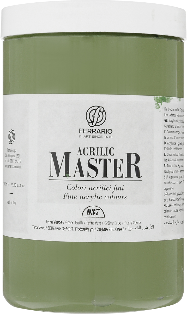 Ferrario Краска акриловая Acrilic Master цвет №37 зеленый земляной BM0979E037BM0979E037 Ferrario Краска акриловая Acrilic Master цвет №37 зеленый земляной BM0979E037BM0979E037Акриловые краски серии Acrilic Master итальянской компании Ferrario универсальны в применении, так как хорошо ложатся на любую обезжиренную поверхность: бумага, холст, картон, дерево, керамика, пластик.При изготовлении красок используются высококачественные пигменты мелкого помола. Краска быстро сохнет, обладает отличной укрывистостью и насыщенностью цвета. Работы, выполненные с помощью Acrilic Master, не тускнеют и не выгорают на солнце. Все цвета отлично смешиваются между собой и при необходимости разбавляются водой. Для достижения необходимых эффектов применяют различные медиумы для акриловой живописи.В серии представлено 50 цветов.