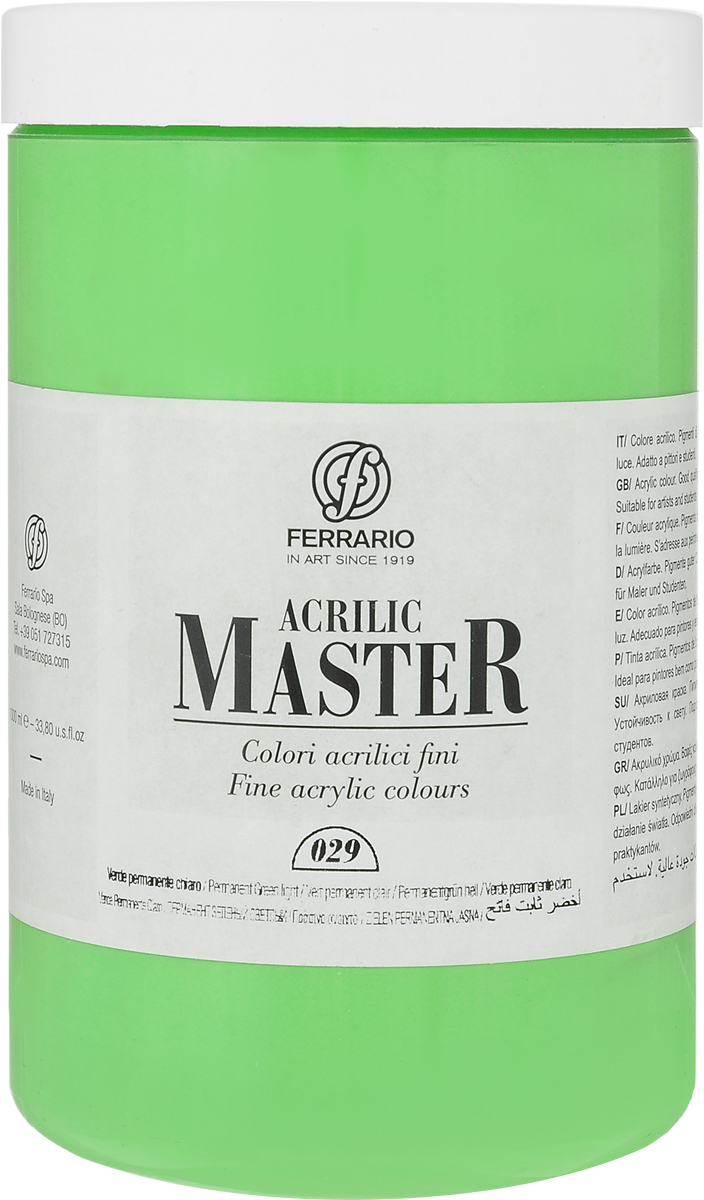 Ferrario Краска акриловая Acrilic Master цвет №29 пермаментный зеленый светлыйBM0979E029 Ferrario Краска акриловая Acrilic Master цвет №29 пермаментный зеленый светлыйBM0979E029Акриловые краски серии Acrilic Master итальянской компании Ferrario универсальны в применении, так как хорошо ложатся на любую обезжиренную поверхность: бумага, холст, картон, дерево, керамика, пластик.При изготовлении красок используются высококачественные пигменты мелкого помола. Краска быстро сохнет, обладает отличной укрывистостью и насыщенностью цвета. Работы, выполненные с помощью Acrilic Master, не тускнеют и не выгорают на солнце. Все цвета отлично смешиваются между собой и при необходимости разбавляются водой. Для достижения необходимых эффектов применяют различные медиумы для акриловой живописи.В серии представлено 50 цветов.