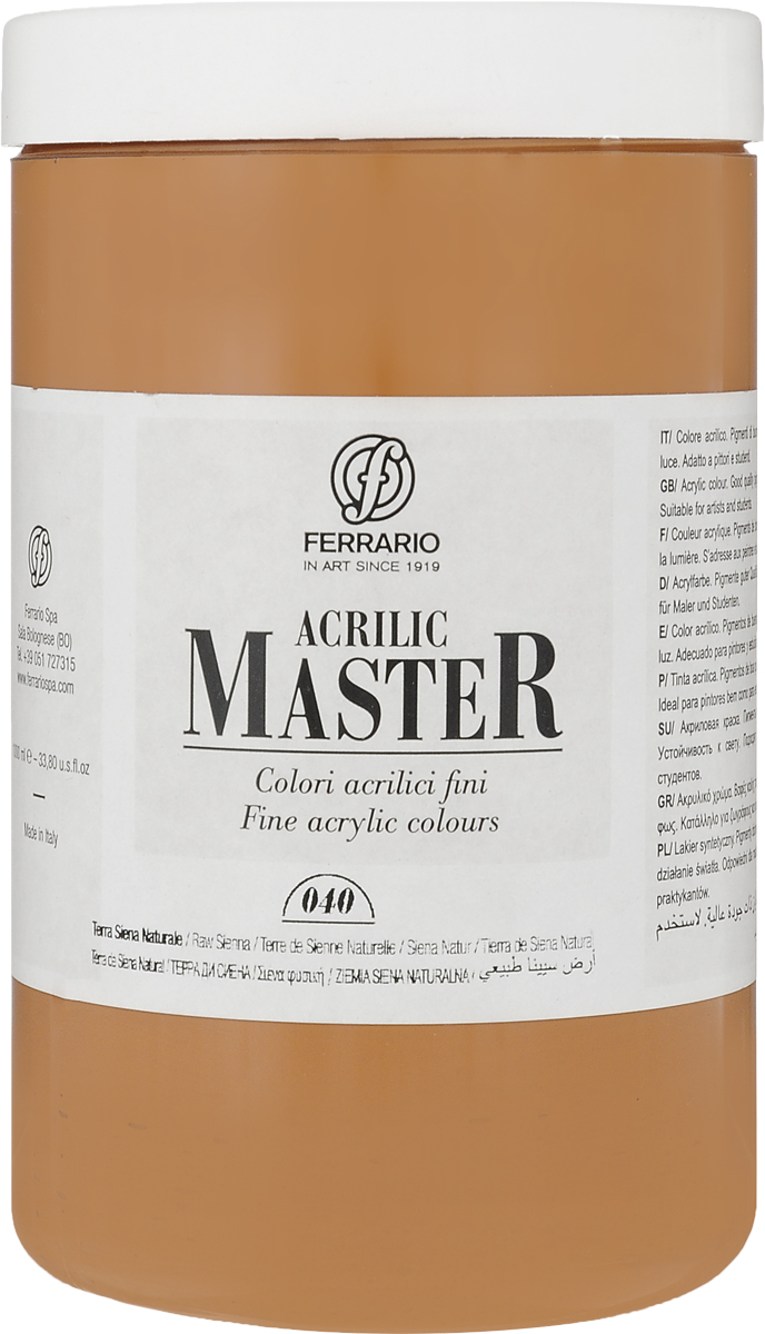 Ferrario Краска акриловая Acrilic Master цвет №40 сиена натуральная BM0979E040BM0979E040 Ferrario Краска акриловая Acrilic Master цвет №40 сиена натуральная BM0979E040BM0979E040Акриловые краски серии ACRILIC MASTER итальянской компании Ferrario. Универсальны в применении, так как хорошо ложатся на любую обезжиренную поверхность: бумага, холст, картон, дерево, керамика, пластик. При изготовлении красок используются высококачественные пигменты мелкого помола. Краска быстро сохнет, обладает отличной укрывистостью и насыщенностью цвета. Работы, сделанные с помощью ACRILIC MASTER, не тускнеют и не выгорают на солнце. Все цвета отлично смешиваются между собой и при необходимости разбавляются водой. Для достижения необходимых эффектов применяют различные медиумы для акриловой живописи. В серии представлено 50 цветов.