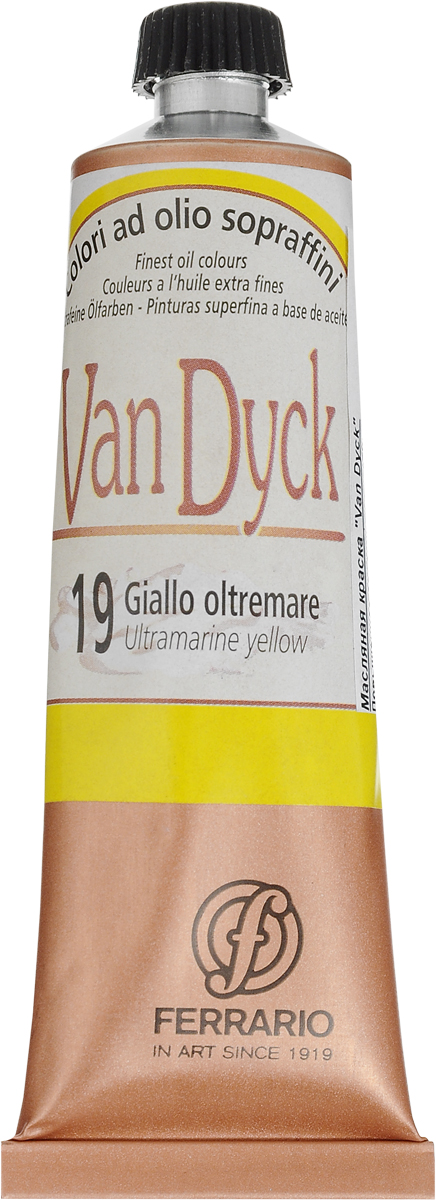 Ferrario Краска масляная Van Dyck цвет №19 ультрамарин желтыйAV0017CO19 Ferrario Краска масляная Van Dyck цвет №19 ультрамарин желтыйAV0017CO19Масляные краски серии VAN DYCK итальянской компании Ferrario изготавливаются из натуральных мелко тертых пигментов с добавлением качественного связующего материала. Благодаря этому масляные краски VAN DYCK обладают превосходной светостойкостью, чистотой цветов и оттенков.Краски можно разбавлять льняным маслом, терпентином или нефтяными разбавителями. Все цвета хорошо смешиваются между собой. В серии масляных красок VAN DYCK представлено 87 различных оттенков, а также 6 металлических оттенков.Дополнительные характеристики:Изготавливаются из натуральных мелко тертых пигментов с добавлением качественного связующего материала;Краски хорошо смешиваются между собой.