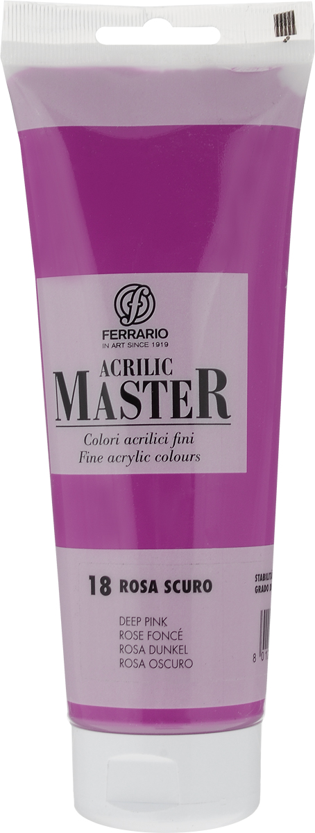 Ferrario Краска акриловая Acrilic Master цвет №18 розовый темный BM0978B0018BM0978B0018 Ferrario Краска акриловая Acrilic Master цвет №18 розовый темный BM0978B0018BM0978B0018Акриловые краски серии ACRILIC MASTER итальянской компании Ferrario. Универсальны в применении, так как хорошо ложатся на любую обезжиренную поверхность: бумага, холст, картон, дерево, керамика, пластик. При изготовлении красок используются высококачественные пигменты мелкого помола. Краска быстро сохнет, обладает отличной укрывистостью и насыщенностью цвета. Работы, сделанные с помощью ACRILIC MASTER, не тускнеют и не выгорают на солнце. Все цвета отлично смешиваются между собой и при необходимости разбавляются водой. Для достижения необходимых эффектов применяют различные медиумы для акриловой живописи. В серии представлено 50 цветов.