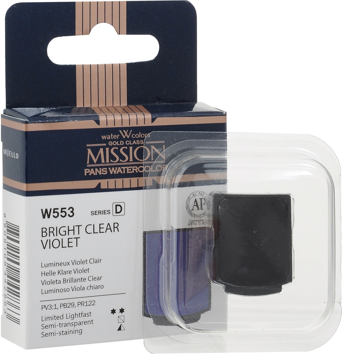 Mijello Акварель Mission Gold Pan W553 Ярко-фиолетовый 2 мл MPW-W553MPW-W553 Mijello Акварель Mission Gold Pan W553 Ярко-фиолетовый 2 мл MPW-W553MPW-W553Серия акварельных красок Корейского производителя Mijello - Mission Gold в кюветах состоит из 24 цветов и палитра в кюветах поштучно расширяется!Эта серия акварели была создана компанией Mijello в сотрудничестве с экспертами в области акварельной живописи. Цвета акварели серии Mission Gold - это смеси высококачественных пигментов тонкого помола с высококачественными компонентами и гуммиарабиком. Эти краски предлагаются в традиционной для Корейских производителей тубах по 15 мл и теперь в кюветах поштучно!Размер кювета Mission Full 1,7 х 2,1 см, объемом 2 мл. Используйте краски Mijello серии Mission Gold для акварельной живописи по мокрому, они идеально подойдут для подобной техники работы с акварелью.Акварель Mijello Mission Gold будет отличным выбором, как начинающему художнику, так и профессионалу.