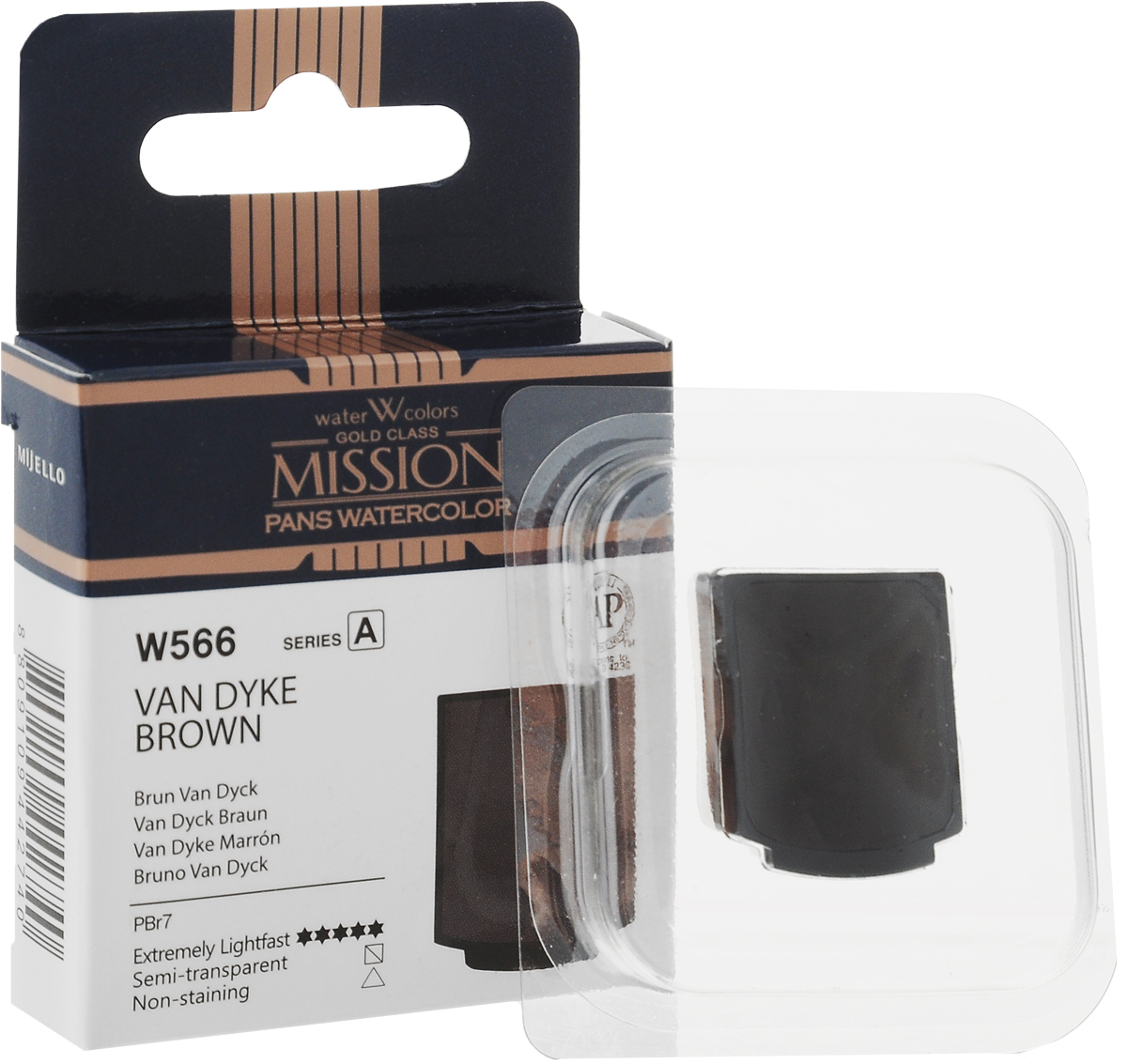 Mijello Акварель Mission Gold Pan W566 Ван Дейк коричневый 2 мл MPW-W566MPW-W566 Mijello Акварель Mission Gold Pan W566 Ван Дейк коричневый 2 мл MPW-W566MPW-W566Серия акварельных красок Корейского производителя Mijello - Mission Gold в кюветах состоит из 24 цветов и палитра в кюветах поштучно расширяется!Эта серия акварели была создана компанией Mijello в сотрудничестве с экспертами в области акварельной живописи. Цвета акварели серии Mission Gold - это смеси высококачественных пигментов тонкого помола с высококачественными компонентами и гуммиарабиком. Эти краски предлагаются в традиционной для Корейских производителей тубах по 15 мл и теперь в кюветах поштучно!Размер кювета Mission Full 1,7 х 2,1 см, объемом 2 мл. Используйте краски Mijello серии Mission Gold для акварельной живописи по мокрому, они идеально подойдут для подобной техники работы с акварелью.Акварель Mijello Mission Gold будет отличным выбором, как начинающему художнику, так и профессионалу.