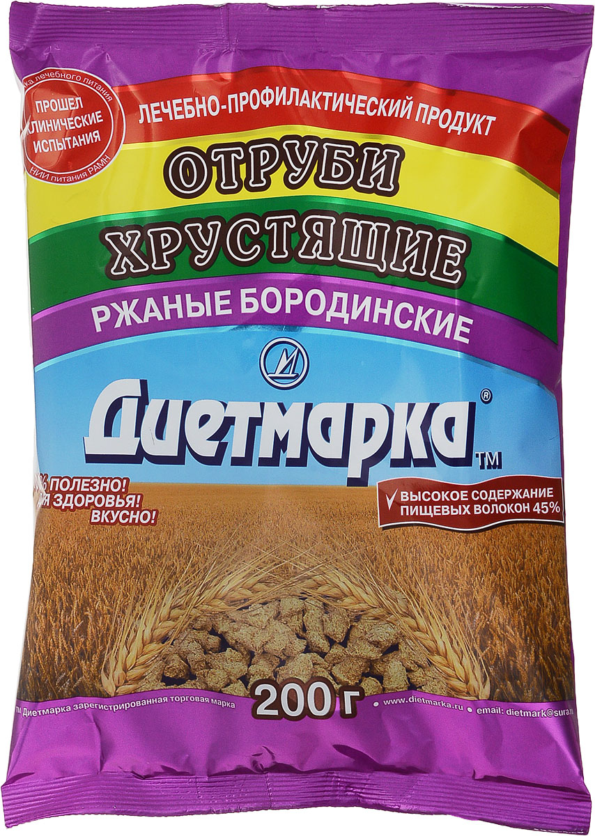 Диет Марка отруби хрустящие ржаные бородинские, 200 г1050 Диет Марка отруби хрустящие ржаные бородинские, 200 г1050Главное достоинство отрубей - высокое содержание пищевых волокон, которые регулируют работу кишечника, улучшают микрофлоры толстой кишки, способствуют выведению холестерина.