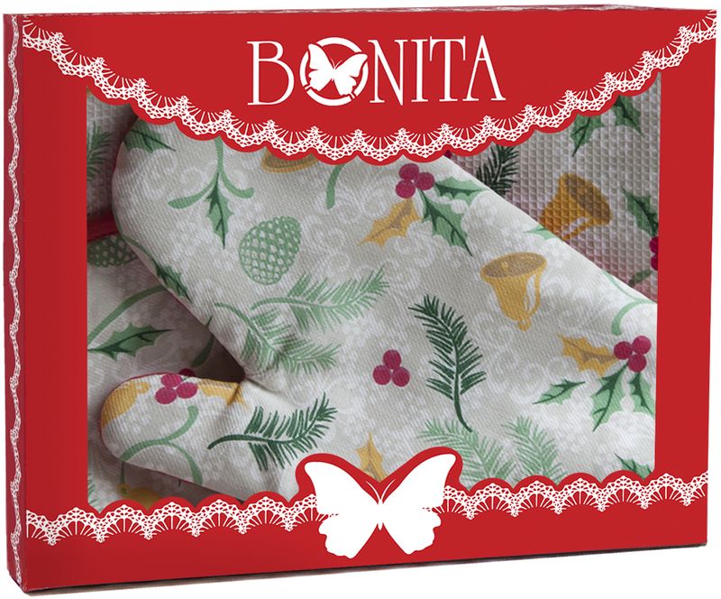 Подарочный набор для кухни Bonita Рождество, 3 предмета11010816969 Подарочный набор для кухни Bonita Рождество, 3 предмета11010816969100% хлопокРазмер: полотенце 33*65, рукавица 17*28, прихватка 18*18