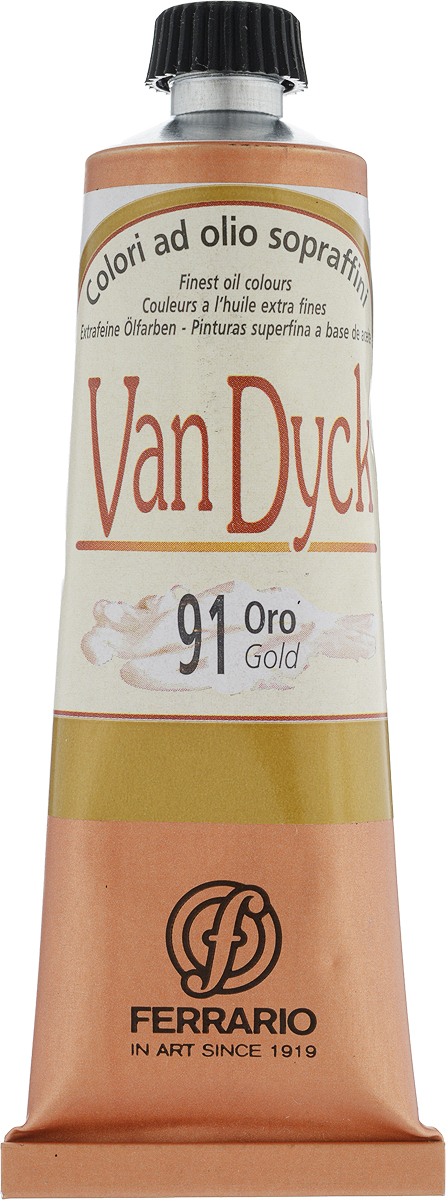 Ferrario Краска масляная Van Dyck цвет №91 золото AV1117CO91AV1117CO91 Ferrario Краска масляная Van Dyck цвет №91 золото AV1117CO91AV1117CO91Масляные краски серии VAN DYCK итальянской компании Ferrario изготавливаются из натуральных мелко тертых пигментов с добавлением качественного связующего материала. Благодаря этому масляные краски VAN DYCK обладают превосходной светостойкостью, чистотой цветов и оттенков. Краски можно разбавлять льняным маслом, терпентином или нефтяными разбавителями. Все цвета хорошо смешиваются между собой. В серии масляных красок VAN DYCK представлено 87 различных оттенков, а также 6 металлических оттенков. Дополнительные характеристики:– Изготавливаются из натуральных мелко тертых пигментов с добавлением качественного связующего материала;– Краски хорошо смешиваются между собой;