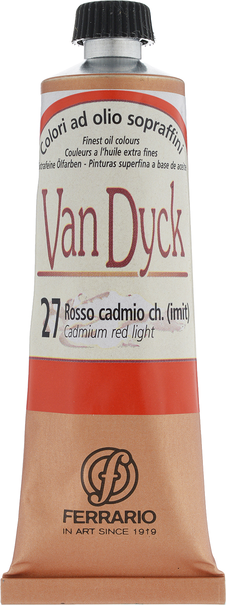 Ferrario Краска масляная Van Dyck цвет №27 кадмий красный светлыйAV0017CO27 Ferrario Краска масляная Van Dyck цвет №27 кадмий красный светлыйAV0017CO27Масляные краски серии VAN DYCK итальянской компании Ferrario изготавливаются из натуральных мелко тертых пигментов с добавлением качественного связующего материала. Благодаря этому масляные краски VAN DYCK обладают превосходной светостойкостью, чистотой цветов и оттенков. Краски можно разбавлять льняным маслом, терпентином или нефтяными разбавителями. Все цвета хорошо смешиваются между собой. В серии масляных красок VAN DYCK представлено 87 различных оттенков, а также 6 металлических оттенков. Дополнительные характеристики:– Изготавливаются из натуральных мелко тертых пигментов с добавлением качественного связующего материала;– Краски хорошо смешиваются между собой;