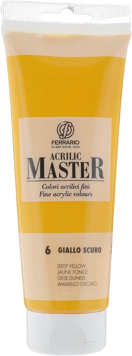 Ferrario Краска акриловая Acrilic Master цвет №6 желтый темныйBM0978B0006 Ferrario Краска акриловая Acrilic Master цвет №6 желтый темныйBM0978B0006Акриловые краски серии ACRILIC MASTER итальянской компании Ferrario. Универсальны в применении, так как хорошо ложатся на любую обезжиренную поверхность: бумага, холст, картон, дерево, керамика, пластик. При изготовлении красок используются высококачественные пигменты мелкого помола. Краска быстро сохнет, обладает отличной укрывистостью и насыщенностью цвета. Работы, сделанные с помощью ACRILIC MASTER, не тускнеют и не выгорают на солнце. Все цвета отлично смешиваются между собой и при необходимости разбавляются водой. Для достижения необходимых эффектов применяют различные медиумы для акриловой живописи. В серии представлено 50 цветов.