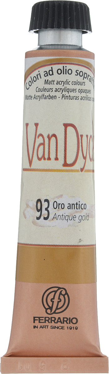 Ferrario Краска масляная Van Dyck цвет №93 золото антик AV1116BO93AV1116BO93 Ferrario Краска масляная Van Dyck цвет №93 золото антик AV1116BO93AV1116BO93Масляные краски серии VAN DYCK итальянской компании Ferrario изготавливаются из натуральных мелко тертых пигментов с добавлением качественного связующего материала. Благодаря этому масляные краски VAN DYCK обладают превосходной светостойкостью, чистотой цветов и оттенков. Краски можно разбавлять льняным маслом, терпентином или нефтяными разбавителями. Все цвета хорошо смешиваются между собой. В серии масляных красок VAN DYCK представлено 87 различных оттенков, а также 6 металлических оттенков. Дополнительные характеристики:– Изготавливаются из натуральных мелко тертых пигментов с добавлением качественного связующего материала;– Краски хорошо смешиваются между собой;