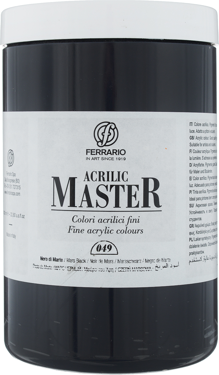 Ferrario Краска акриловая Acrilic Master цвет №49 черный марс BM0979E049BM0979E049 Ferrario Краска акриловая Acrilic Master цвет №49 черный марс BM0979E049BM0979E049Акриловые краски серии ACRILIC MASTER итальянской компании Ferrario. Универсальны в применении, так как хорошо ложатся на любую обезжиренную поверхность: бумага, холст, картон, дерево, керамика, пластик. При изготовлении красок используются высококачественные пигменты мелкого помола. Краска быстро сохнет, обладает отличной укрывистостью и насыщенностью цвета. Работы, сделанные с помощью ACRILIC MASTER, не тускнеют и не выгорают на солнце. Все цвета отлично смешиваются между собой и при необходимости разбавляются водой. Для достижения необходимых эффектов применяют различные медиумы для акриловой живописи. В серии представлено 50 цветов.