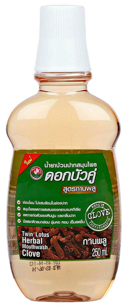 Twin Lotus Ополаскиватель для полости рта с гвоздичным маслом, 250 мл2505 Twin Lotus Ополаскиватель для полости рта с гвоздичным маслом, 250 мл2505Ополаскиватель для полости рта Twin Lotus Herbal Mouthwash оставляет стойкое ощущение свежести. Способствует качественному очищению межзубного пространства и зубодесневых карманов. Сохраняет свежесть дыхания за счет стабильных растительных компонентов. Обладает антибактериальными свойствами, что снижает появление налета на зубах. Снижает воспаление и нормализует микрофлору полости рта, обладает насыщенным вкусом.