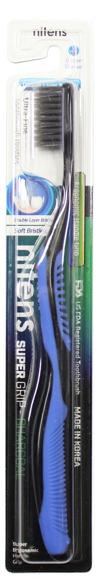 Dental Care Зубная щетка с древесным углем и сверхтонкой двойной щетиной (средней жесткости и мягкой) и изогнутой ручкой, цвет: голубой