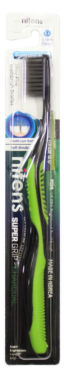 Dental Care Зубная щетка с древесным углем и сверхтонкой двойной щетиной (средней жесткости и мягкой) и изогнутой ручкой, цвет: зеленый