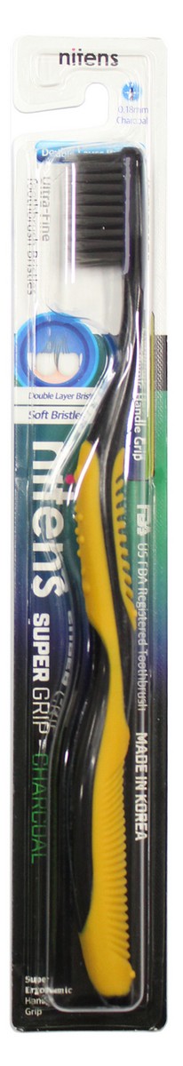 Dental Care Зубная щетка с древесным углем и сверхтонкой двойной щетиной (средней жесткости и мягкой) и изогнутой ручкой, цвет: желтый