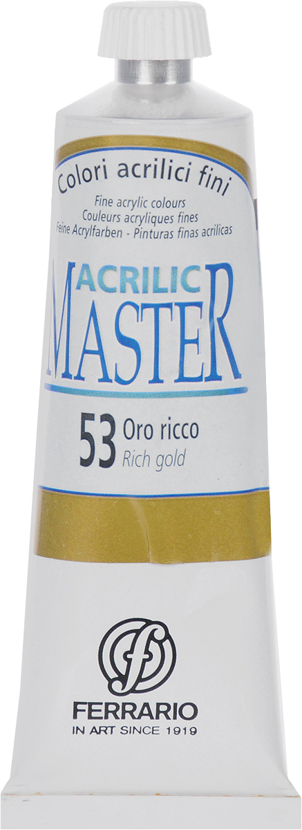 Ferrario Краска акриловая Acrilic Master цвет №53 богатое золото BM09760CO53BM09760CO53 Ferrario Краска акриловая Acrilic Master цвет №53 богатое золото BM09760CO53BM09760CO53Акриловые краски серии ACRILIC MASTER итальянской компании Ferrario. Универсальны в применении, так как хорошо ложатся на любую обезжиренную поверхность: бумага, холст, картон, дерево, керамика, пластик. При изготовлении красок используются высококачественные пигменты мелкого помола. Краска быстро сохнет, обладает отличной укрывистостью и насыщенностью цвета. Работы, сделанные с помощью ACRILIC MASTER, не тускнеют и не выгорают на солнце. Все цвета отлично смешиваются между собой и при необходимости разбавляются водой. Для достижения необходимых эффектов применяют различные медиумы для акриловой живописи. В серии представлено 50 цветов.