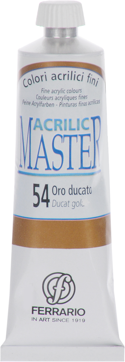 Ferrario Краска акриловая Acrilic Master цвет №54 золото дукат BM09760CO54BM09760CO54 Ferrario Краска акриловая Acrilic Master цвет №54 золото дукат BM09760CO54BM09760CO54Акриловые краски серии Acrilic Master итальянской компании Ferrario. Универсальны в применении, так как хорошо ложатся на любую обезжиренную поверхность: бумага, холст, картон, дерево, керамика, пластик. При изготовлении красок используются высококачественные пигменты мелкого помола. Краска быстро сохнет, обладает отличной укрывистостью и насыщенностью цвета. Работы, сделанные с помощью Acrilic Master, не тускнеют и не выгорают на солнце. Все цвета отлично смешиваются между собой и при необходимости разбавляются водой. Для достижения необходимых эффектов применяют различные медиумы для акриловой живописи.